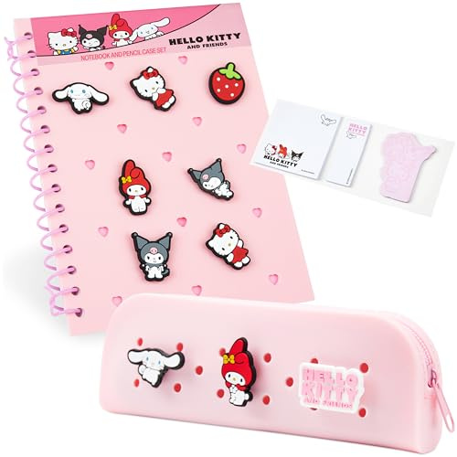 Hello Kitty Notizbuch A5 mit Federmäppchen und Chibi-Charakter-Pins, Notizbuch Set Schreibwaren Set für die Schule, Geschenke für Kinder