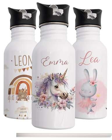 Kidsmood - Personalisierte Trinkflasche für Kinder aus Edelstahl, 500ml mit integriertem Trinkhalm, Auslaufsicher, Spülmaschinenfest und Perfekt für Schule & Kindergarten