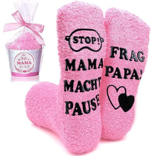 Zemolo Lustige Socken Geschenke für Frauen Mama Geschenke Weihnachtssocken | MAMA MACHT PAUSE Kuschelsocken Schoki Witzige Sock Damen Flauschsocken Adventskalender Geburtstag Muttertag