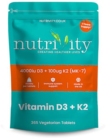 Nutrivity Vitamin D3 4000 IU & K2 100µg (MK-7), 365 Vegetarian High Strength Tablets 1/Day, Vitamin D3 K2 Supplement for Muscle & Immune Support, Easy to Swallow, Non-GMO, Gluten & Sugar Free, UK Made