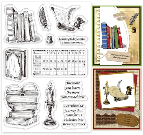 INFUNLY Vintage Lernstempel Für DIY 4.3×6.3 Buch Transparente Stempel Studieren Clear Stempel Kalender Silikon Clear Stempel Retro Wörter Silikonstempel Für Kartenherstellung Scrapbooking