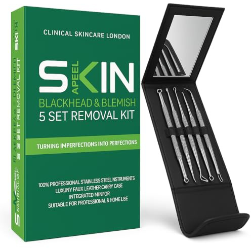 Skinapeel Kit per la rimozione di punti neri e imperfezioni, con specchio e custodia, strumenti professionali per l'estrazione di comedoni in acciaio inox, per il trattamento di acne, macchie e