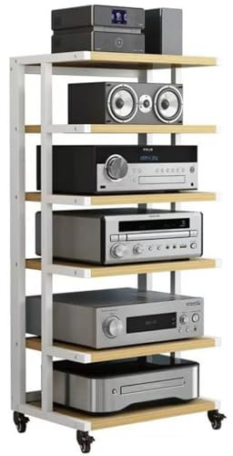Wooden 6 Tier Audio Stand Hifi Rack with Brake Wheel AV Cabinet for Media and Components Corner Audio Tower for Stereo Systems Open Shelf Design for Easy Access
