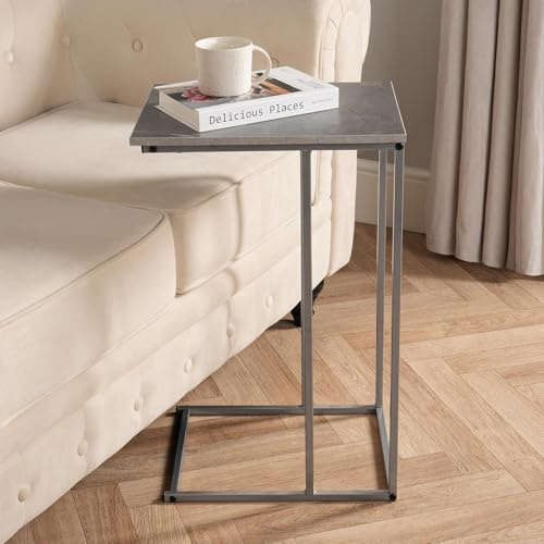 OHS Grey Marble C Shaped Side Table, Sofa Side Table with Metal Frame Decorative Coffee Tables Space Saving Bedside Tables for Bedroom Living Room Home Office