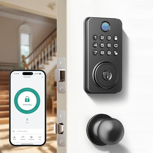 Fingerprint Door Lock with Handle, Smart Keyless Entry Door Lock with App, Stores 50 Fingerprints and 50 User Codes, IP65 Weatherproof Keypad Deadbolt for Front & Interior Doors, Auto-Lock, Black