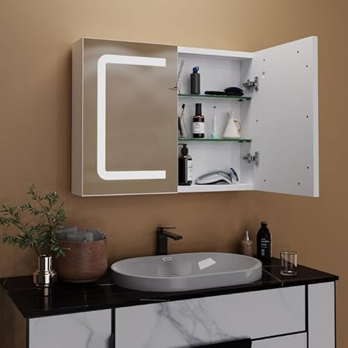 Badezimmerschrank mit Spiegel und LED-Beleuchtung, einstellbare Farbtemperatur, 3 Lichtfarben, Touch-Sensor-Schalter (2 Türen)