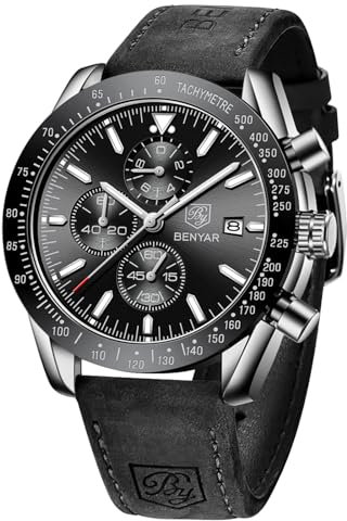 BENYAR Orologio Uomo Analogico al Quarzo Cronografo Impermeabile Luminoso Data Orologio da Polso Cinturino in Pelle Moda Sportivo Affari Orologi Elegante Regalo per Uomo