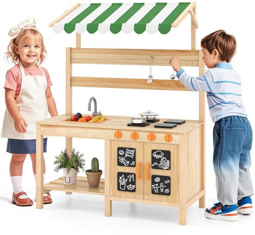 GYMAX Cucina da Gioco per Bambini con Tettoia, Cucina da Gioco in Legno da Esterno con 4 Fornelli, Lavello, Rubinetto, Lavagne e Accessori, Gioco da Giardino per Bambini dai 3 anni in su