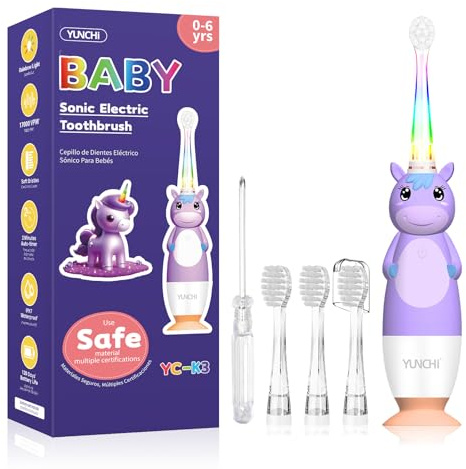 Baby Electric Toothbrushes 0-3-6 Years Toddler Kids Tooth Brush with Timer Colorful Rainbow LED Light 4 Soft Heads Battery-Powered for Girls Boys Childrens YUNCHI K3 (Purple Unicorn)