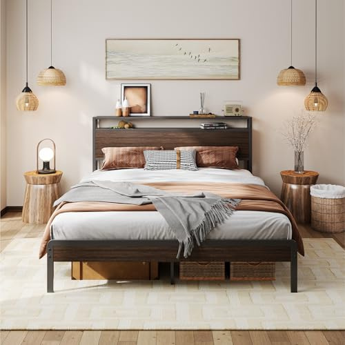 LIKIMIO Queen Bed Frame with 2-Tier Storage Shelf Headboard | Dark Wood Platform Bed, Camas Queen with Strong Metal Supports, Sturdy, Noise-Free, No Box Spring Needed, Dark Brown