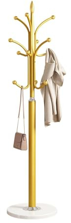 Garderobenständer aus Metall, Marmorsockel, freistehende Garderobe mit 12 Haken zum Aufhängen von Schals, Taschen, Jacken, Eingangsbereich, geeignet für Flur, Schlafzimmer und Büro Gold