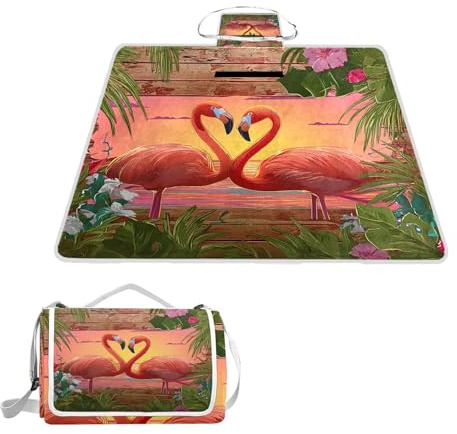 ALAZA Rechteckige, wasserdichte Picknickdecke, Flamingo, tropische Pflanzen, tragbar, faltbar, für den Innenbereich, für Reisen, Wandern, Camping, Park, 150 cm x 145 cm