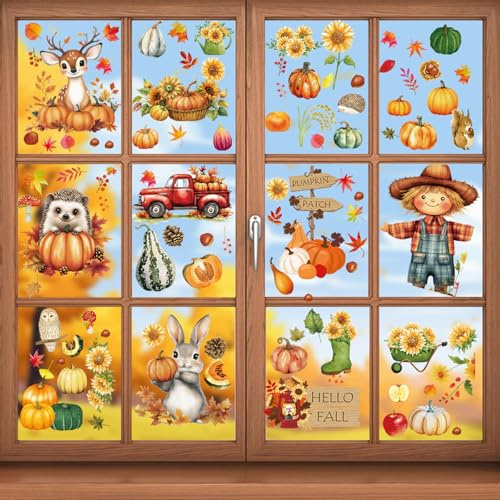 Koboko Doppelseitig Fensterbilder Herbst Deko, 9 Stk Herbst Fensterbilder Selbstklebend, Herbstdeko Fenster, Vogelscheuche Ahornblätter Igel Kürbis Deko Fensteraufkleber für Thanksgiving Autumn Decor