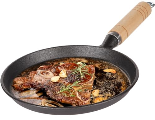 Itoyx Cast Iron Induction Grill Pan 20 cm with Wooden Handle, Round Cast Iron Pan, Small Cast Iron Grill Pan for Steak, Pancakes and Vegetables, Suitable for Induction and Gas, Camping Pan