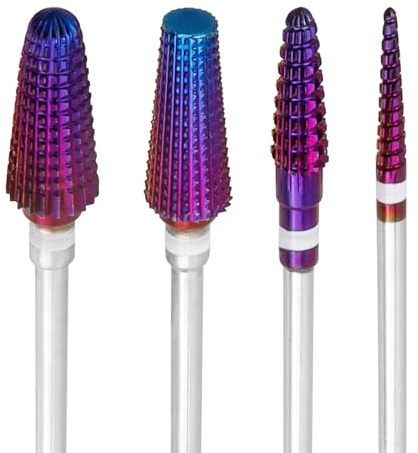 Embout Ponceuse Ongles Tungstène 3/32 Pouces, Lot de 4, Grain Moyen Violet | Carbure Professionnel, pour Manucure Pédicure, Enlever Gel Acrylique Cuticule, Forme Conique Cylindrique Pointe
