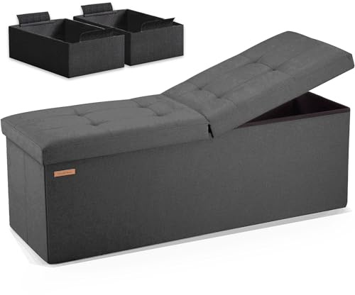 HAUSFRAU Sitzhocker mit Stauraum Sitzbank Hocker klappbar Aufbewahrungsbox, bis 300 kg belastbar, Fußbank für Wohnzimmer Schlafzimmer Flur, 110x38x38 cm, Leinen Grau