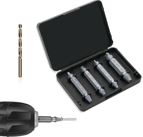 5PCS Damaged Screw Extractor Set Hss 6542, Double Ended Stripped Screw Extractor Bolt Removal Kit with Twist Drill, Rounded Screw Remover, Hardness 63-65hrc for Damaged Broken Stripped Screws