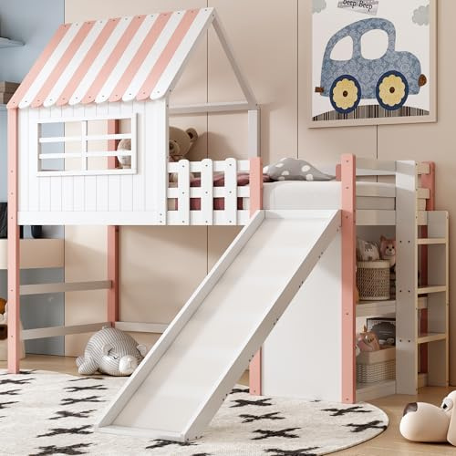Hausbett 90x200 cm mit Rutsche Leiter Hochbett mit Rausfallschutz mehrstöckige Ablagefächer Einzelbett Massivholz Lattenrost Gästebett Ohne Matratze Rosa