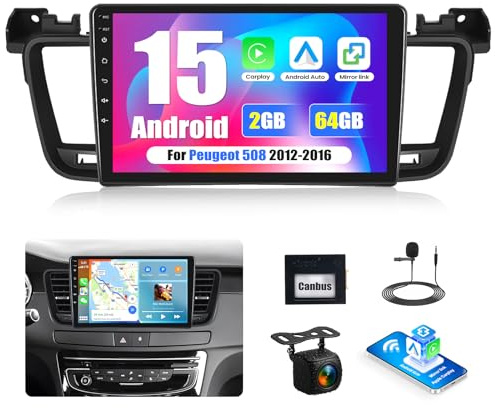 CAMECHO 2G+64G Android 13 Radio de Coche con GPS para Peugeot 508 2012-2016,9 de Pantalla de Carplay Radio de Doble DIN con Carplay Android Auto Mirror Link WiFi RDS/FM Bluetooth y EQ+Cámara Trasera