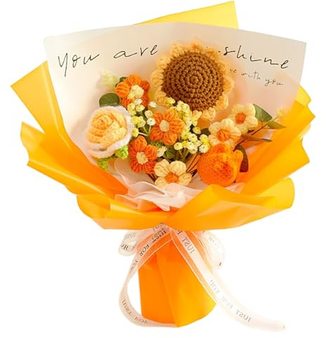 Syglawnd Girasole all'uncinetto, bouquet di fiori all'uncinetto, girasole e rose fatti a mano, fiori lavorati a maglia per le amiche amanti della moglie