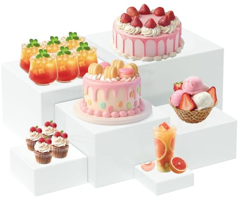 ZYQUES 6 Pcs Buffet Risers, Food Display Stand Set 3/4/5/6/7/8 in White Cake Tiered Plinth Acrylic Display Box Dessert Risers for Weddings Catering Dessert