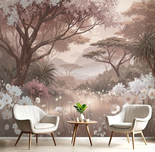 Tapiz Fotomurales Marrón Selva De Flores 250X170Cm Xxl Papel Pintado Decoración De Selva Africana Pared Sala Cuarto Oficina Salón Decorativos De Comedores Murales