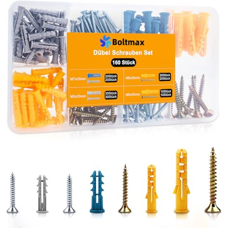 Boltmax 160 Stück Dübel Schrauben Set, Dübel Set mit Schrauben | Rigips Dübel in verschiedenen Größen, Hohlraumdübe für Profis und Heimwerker zur Befestigung an Gipsplatten, Beton und Ziegel