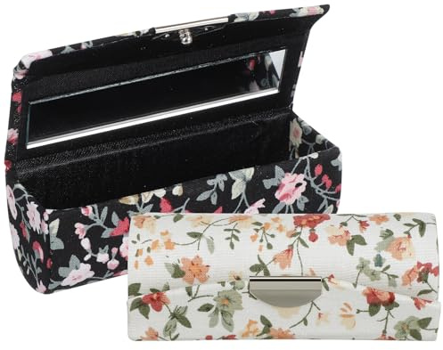 LOLIPPYY Lot de 2 Boîtes à Rouge à Lèvres Portables avec Miroir Étuis en Tissu Floral Petits Motifs Noir et Blanc Rangement Compact pour Maquillage en Voyage et Usage Quotidien