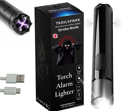 TRAILSPARK Torch with Lighter UK Legal Self Defense LED: Featuring 500 Lumens, Small Pocket Torch, 90 dB Home Alarm, Electric Lighter & Glass Breaker- 3 Modes; Red, High & Strobe, Keyring Torch