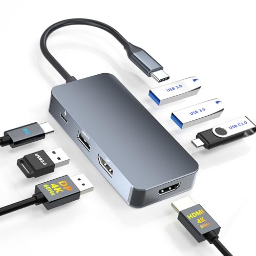 4K@60Hz HDMI Display Port USB C Docking Station Dual Monitor for Dell/HP/Mac Laptop, 7 in 1 USB C to HDMI and Displayport Multiport Adapter with USB3.0/USB-C Data/PD, Dual Monitor Docking Station