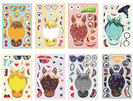 Kotkiddy 24 Stück Pferde Aufkleber Kinder Make a Face Aufkleber DIY Sticker Kinder Pferde Glitzer Sticker Holographic Geburtstagsfeier Gastgeschenke Austausch Geschenke
