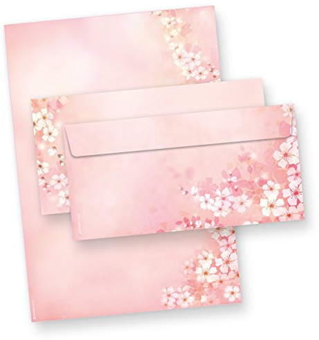 25 Sets Briefpapier DIN A4 mit Umschlag Kirschblüten | Frühling rosa Blumen Blüten für Frauen Erwachsene Ostern Papier Set einseitig bedruckte 90 g/qm Offsetpapier 210 mm
