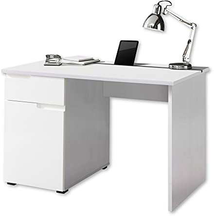 Stella Trading SPICE Schreibtisch mit Schublade, Hochglanz Weiß - Bürotisch Computertisch fürs Homeoffice mit Stauraum und praktischer Tabletleiste - 120 x 76 x 67 cm (B/H/T)