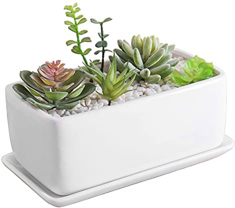 MyGift 10 Inch Modern Unglazed White Ceramic Indoor Plant Pot with Drainage Hole, Rectangular Succulent Planter Window Box with Removable Saucer, 1 Pack