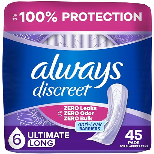Always Discreet Adult Incontinence Pads for Women, Drier, 6 Drop Long Length, Extra Heavy Absorbency, Pads for Bladder Control Management, Bladder Leaks, & Postpartum Pads, 45ct