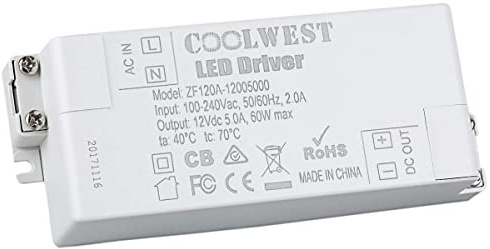 COOLWEST LED Transformator 12V 60W Trafo 5A, LED Treiber 230V auf 12V DC Niedervolttrafo Schaltnetzteil, Konstantspannungs Netzteil Power Supply für MR16 GU5.3 MR11 G4 Lampen Nicht Dimmbar-114x45x30mm