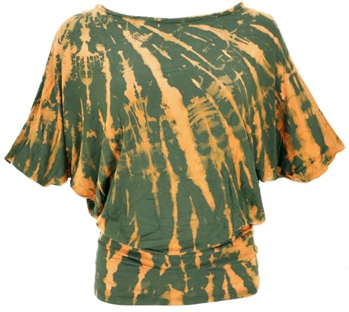 GURU SHOP batikskjorta med fladdermusärmar, lös batiktopp, t-shirt, dam, blå, syntetisk, storlek: 42, toppar och t-shirts, alternativa kläder, Olivgrön/aprikos, 42