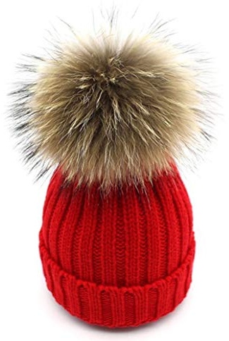feifanshop Warm Mütze Pelz Bommel Echtpelz Waschbär Ski-Mütze Fellbommel Pelzbommel Raccoon