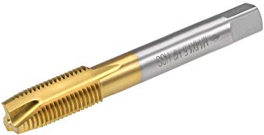 sourcing map Taraud à pointe hélicoïdale M14 x 1,5, filetage de terre H2 3 cannelures, acier rapide HSS 6542, revêtement titane, tige ronde avec extrémité carrée