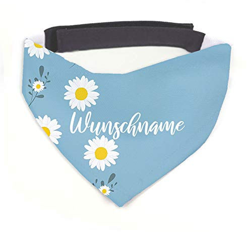 Tierisch-tolle Geschenke Hundehalstuch mit Namen Vintage Blume personalisiert inklusive Wunschname mit 12 cm Klettverschluss für kleine, mittlere und große Hunde (S = Halsumfang: 32-38 cm)