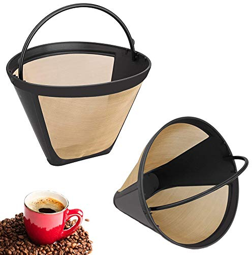 2 Pieces Mesh Coffee Basket Filter, Coffee Filter Mesh, Coffee Filters Fine Net, Reusable Coffee Filter, Stainless Steel Permanent Reusable Fine Net with Handle for Most Coffeemakers (Golden)