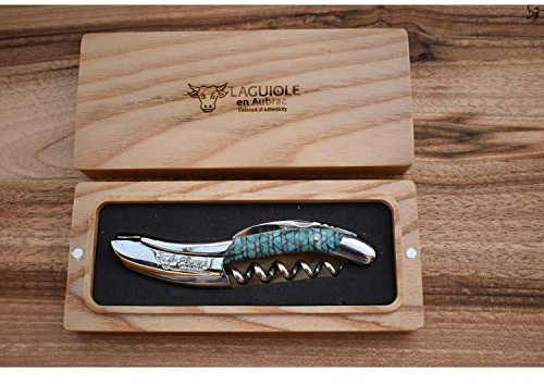 Laguiole En Aubrac Polished Sommelier Waiter's Corkscrew, Turquoise & Black Paper Waves Handle, Wine Opener with Foil Cutter & Bottle Opener
