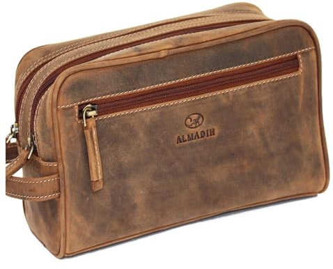 ALMADIH große Leder Kulturtasche für Damen und Herren Braun Vintage – Premium Badetasche Kulturbeutel Kosmetiktasche mit Doppel Reißverschluss (Pietro Vintage)