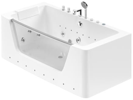 Vente-unique - Baignoire balnéo vitrée semi îlot à leds - 170 x 85 x 58cm - Blanche - 1 place - 260 L - DYONA