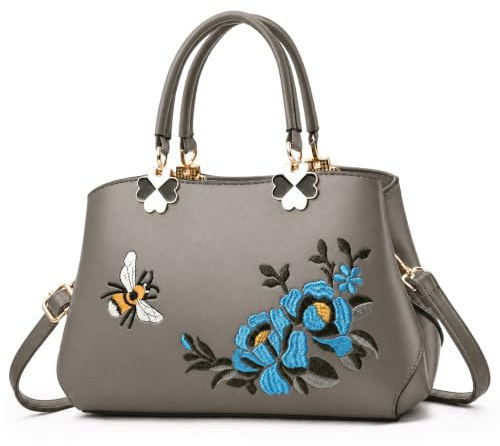 VARLIVOO Élégante Sac à Main Dames Sacs Bandoulière Femme Sac de Messager Broderie Sac Portés Main Sac Fourre Tout Sac de Cours Voyager Travail PU Cuir Gris A