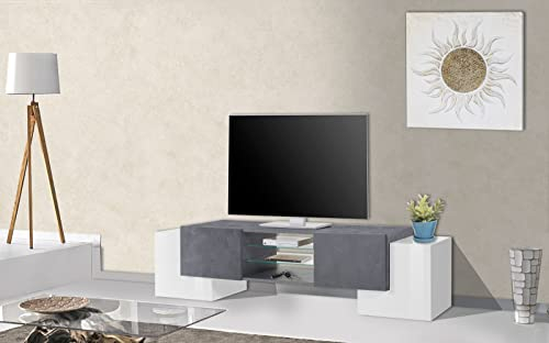 möbelando TV-Lowboard Unterschrank Fernsehtisch Rack Wohnzimmer Schrank Pinerolo III Weiß Hochglanz/Schiefer
