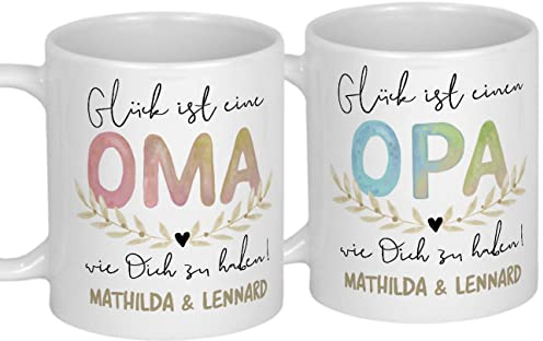 Personalisierte Tasse Oma und Opa mit Namen der Enkel – Geschenk Großeltern Weihnachten Geburtstag – Handgemalte Keramiktasse mit Spruch (330ml)