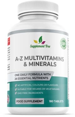 A-Z Multivitamins and Minerals Tablets - 180 Vegan Multivitamin Tablets for Men & Women (6 Months Supply) - One a Day 26 Nutrients Multivitamins and Multi Minerals Pills - UK Manufactured
