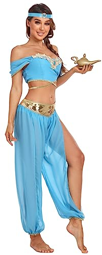 TRACYCY Prinzessin Jasmin Damen Kostüm Cosplay Aladdin Prinzessin Top und Hose Kopfbedeckungen Sexy Bauchtanz Outfit Verkleidung Halloween Weihnachten Karneval Geburtstag Partykleid für Erwachsene