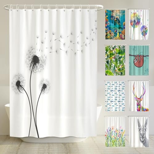 arteneur Anti-Schimmel Duschvorhang 180x200 cm Pusteblume Schwarz und Weiß | Textil recycelt, OEKO-TEX 100, 40°C Maschinenwäsche, blickdicht, wasserdicht, beschwerter Saum, mit 12 recycelten Ringen